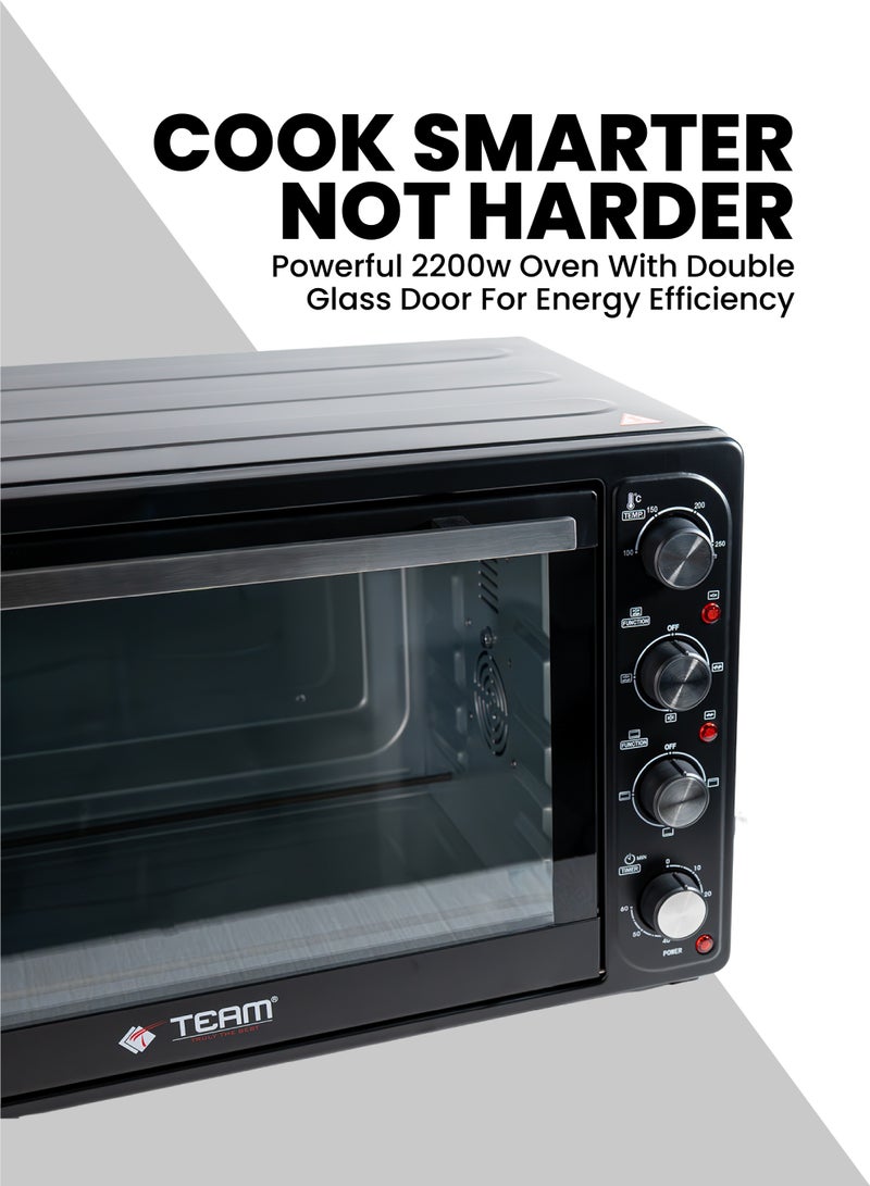 تيم TEAM Electric Oven Deluxe 72L | 2200W Convection & Rotisserie | Adjustable Temperature 100–250°C | Double Glass Door | 9 Cooking Modes | Inner Light | Accessories Included - Image 3